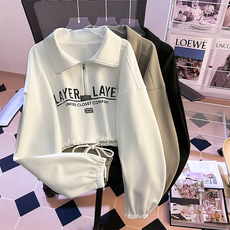 Stand collar letter print sweatshirt for women autumn new design lazy loose short top
