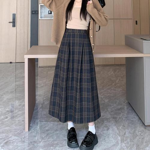 Japanese retro woolen plaid skirt for women winter pleated skirt plaid long skirt umbrella skirt mid-length A-line skirt