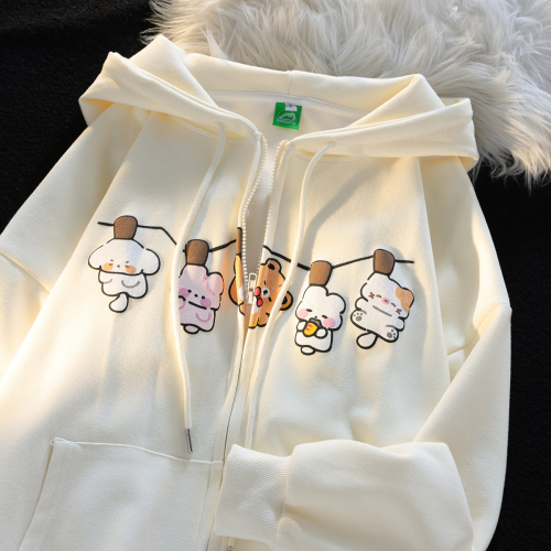 310 grams Chinese cotton compound milk silk + double hood back collar niche cartoon hooded sweatshirt women's autumn and winter long-sleeved jacket