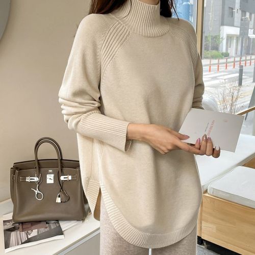 Real shot of large size arc hem sweater European and American loose solid color half turtleneck waistcoat irregular bottoming sweater