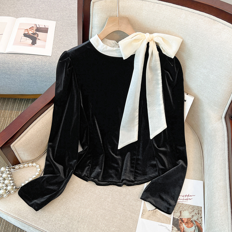 New style elegant lace-up bow stitched contrast velvet puff sleeve top