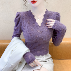 2024 new autumn love V-neck thickened lace bottoming shirt T-shirt women's slim long-sleeved top