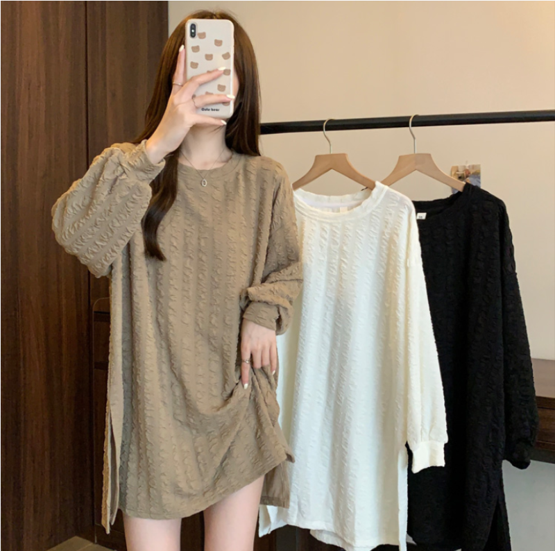 Autumn 2024 new women's large size lazy style butt-covering long-sleeved tops fat mm medium-length slim T-shirt skirt