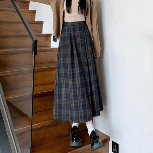 Japanese retro woolen plaid skirt for women winter pleated skirt plaid long skirt umbrella skirt mid-length A-line skirt