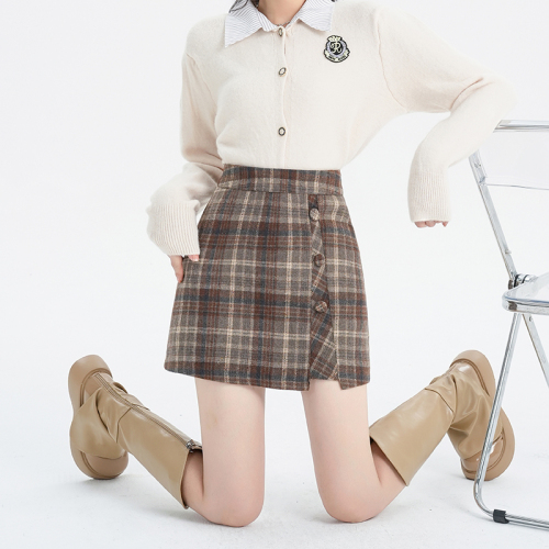 Women's plaid skirt, high waist, slimming A-line skirt, woolen woolen material short skirt to prevent exposure