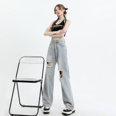 Summer new retro hottie high-waisted design ripped loose slim floor-length denim wide-leg pants for women