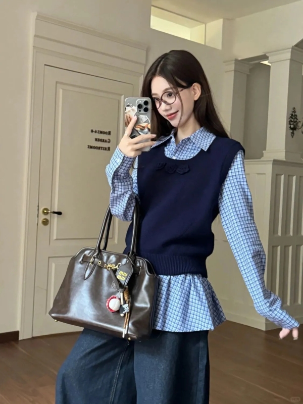 College style suit retro knitted vest layered sweater vest plaid long-sleeved shirt spring and autumn women's two-piece set