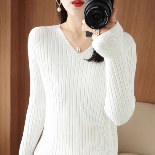 Women's V-neck Ribbed Long Sleeve Turtleneck Top Knit Sweater for Autumn/Winter Loose and Slimming Casual Matching Wool Sweater