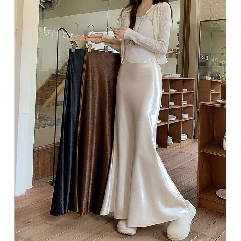 Actual shot ~ 2024 new Korean style satin fishtail skirt elastic waist slimming French long skirt skirt for women