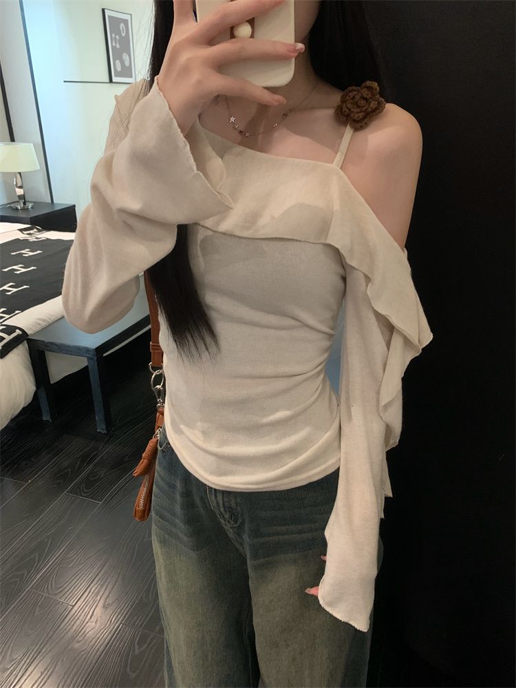 Real shot design irregular slanted shoulder sweater for women autumn retro waist long-sleeved T-shirt top