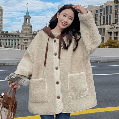 Lamb plush coat for women in autumn and winter plus velvet and thickened hooded loose and versatile new Korean style fur all-in-one cotton coat for women