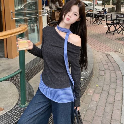 Design sense plaid splicing slim long-sleeved T-shirt women's autumn niche fake two-piece off-shoulder top real shot