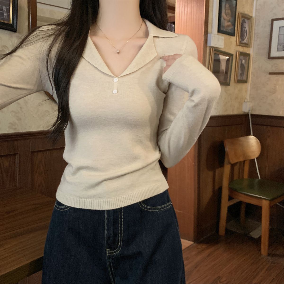 Real shot of autumn and winter Korean style slim fit suit collar design slimming Andy velvet knitted bottoming shirt top