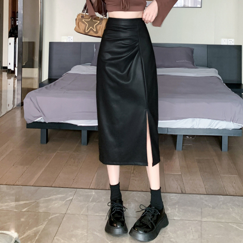 Irregular side slit pu leather skirt women's niche high waist and hip professional skirt OL