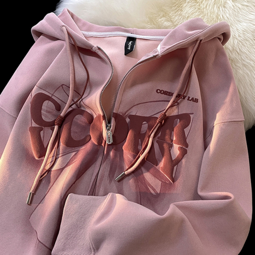 250g sweatshirt + foam printing + double-layer hood with collar, spring and autumn thin loose and fashionable women's hooded