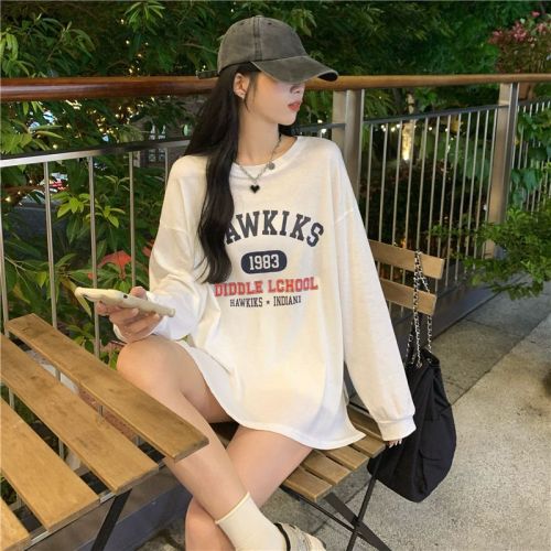 High quality pure cotton 200g 21 count combed precision printed autumn loose long sleeve T-shirt for women