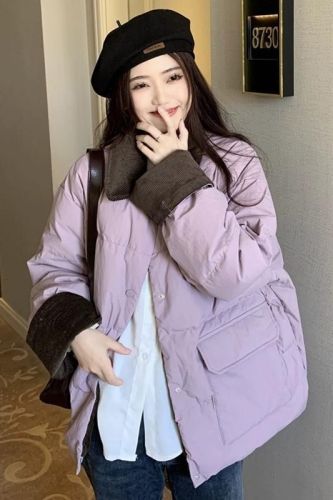 Purple corduroy spliced ​​short down jacket for women 2024 winter new large size loose thickened cotton jacket