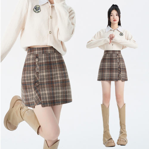 Women's plaid skirt, high waist, slimming A-line skirt, woolen woolen material short skirt to prevent exposure