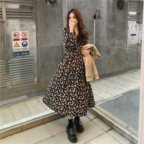Gentle Breeze Shattered Flower V-Neck Dress for Women - 2024 New Arrival Long Knee-Length High-Waist Elegant Long-Sleeve A-Line Skirt