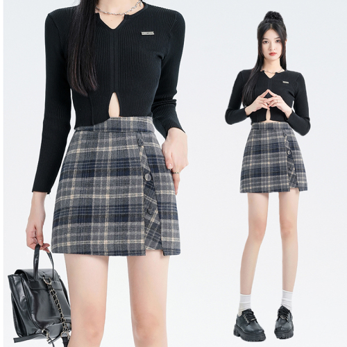 Women's plaid skirt, high waist, slimming A-line skirt, woolen woolen material short skirt to prevent exposure