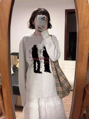 High quality pure cotton 200g 21 count combed precision printed autumn loose long sleeve T-shirt for women