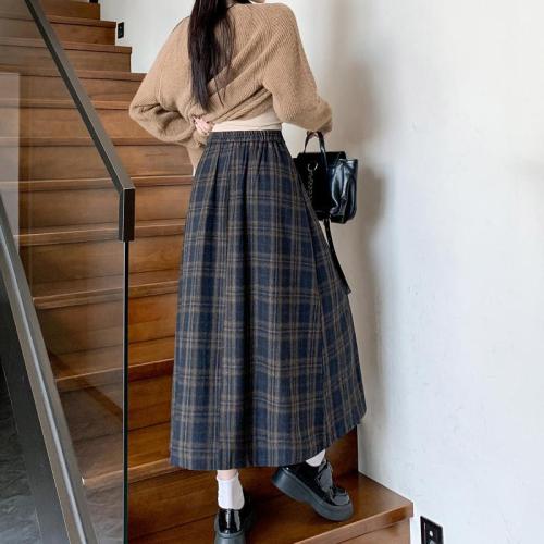 Japanese retro woolen plaid skirt for women winter pleated skirt plaid long skirt umbrella skirt mid-length A-line skirt