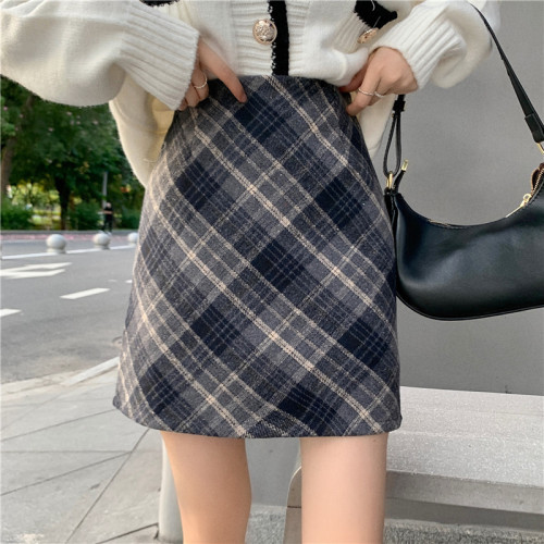 Plus size fat girl autumn and winter Korean style woolen retro high waist chic warm oblique plaid hip A-line skirt