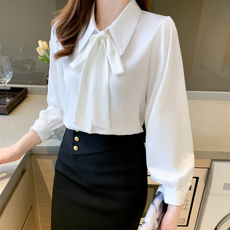 White satin bow shirt women's high-end design niche light mature Hong Kong style high quality top