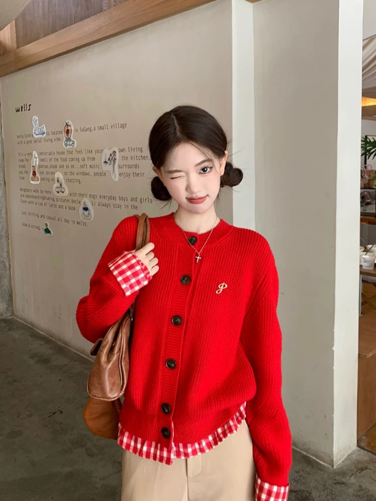 韓系假兩件紅色格子針織小開衫女秋冬設計感拼接毛衣外套短款上衣