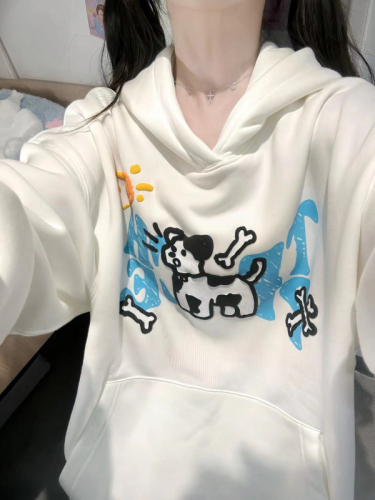 CVC cotton pasta wool Chinese cotton composite/milk silk 300g silver fox velvet 400g front printed hooded sweatshirt for women