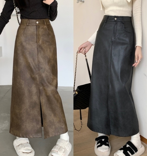 Large size pu leather skirt long skirt women's mid-length slit high waist a-line skirt retro leather skirt