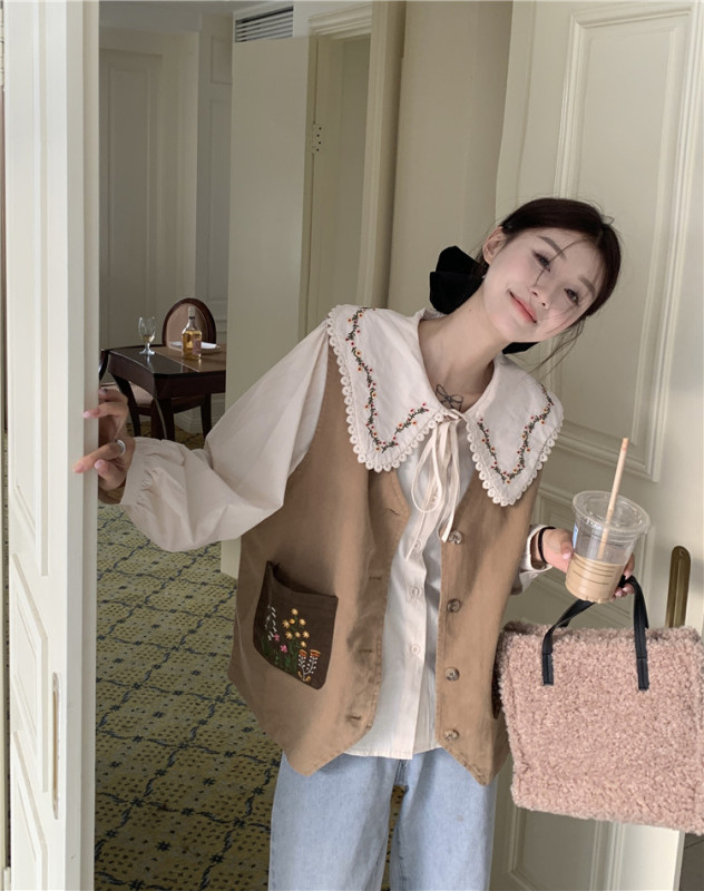 Forest age-reducing college style loose lace embroidered doll collar long-sleeved versatile shirt + vest