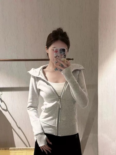 Gray American zipper hooded sweatshirt early spring and autumn women's 2024 new cardigan women's thin slim fit chi jacket