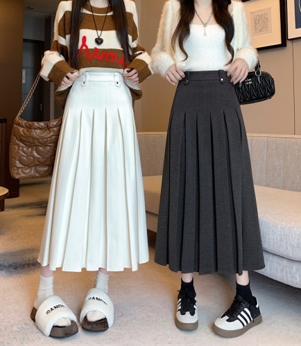 ~New high-waist slim woolen pleated mid-length skirt, versatile loose casual A-line skirt