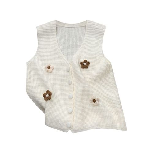 Real shot of college style vest, women's knitted vest, sleeveless three-dimensional flower cardigan, chic short top