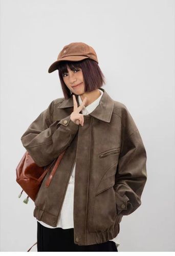 New Retro Lapel Leather Jacket Women's Spring and Autumn American Loose Casual Brown Street Motorcycle Suit Couple Jacket