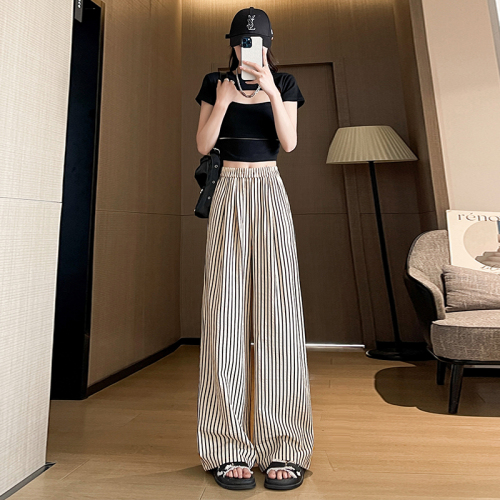 Elastic waist striped wide leg pants for women 2024 new loose straight trousers versatile slimming casual pants trend