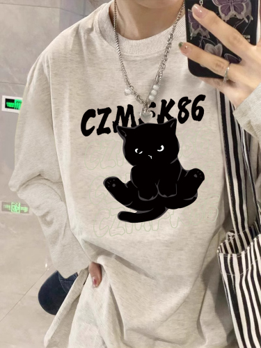 High quality pure cotton 200g 21 count combed precision printed autumn loose long sleeve T-shirt for women