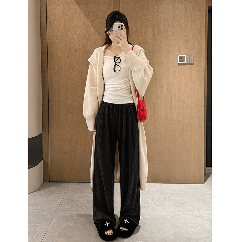 Plus size women's glutinous rice pants women's spring and autumn 2024 new high-waist drape straight casual thin floor-length wide-leg trousers