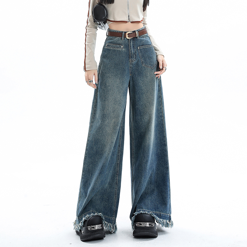 Nostalgic blue wide-leg jeans for women, new design, high-waisted, loose and drapey, retro floor-length culottes