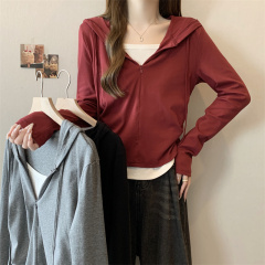 Plus size autumn new design simple fake two-piece hooded drawstring waist slimming long-sleeved top for women