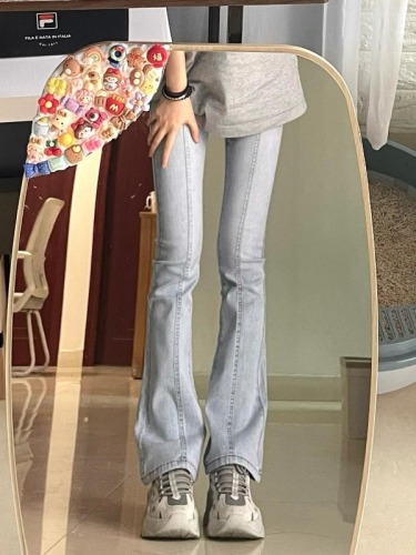 Spring and summer high-waisted slim jeans for women, stretchy, slim-fitting, washed, versatile, micro-flared trousers