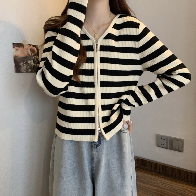 Fat mm round neck double zipper design niche knitted jacket long-sleeved striped cardigan short top