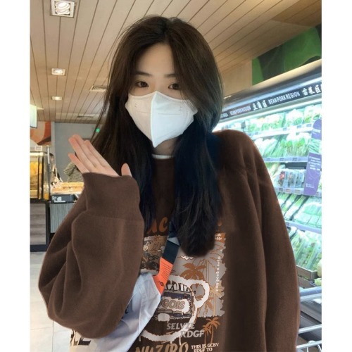 CVC cotton pasta wool Chinese cotton composite/thin 300g/plus velvet 400g front printed round neck sweatshirt for women