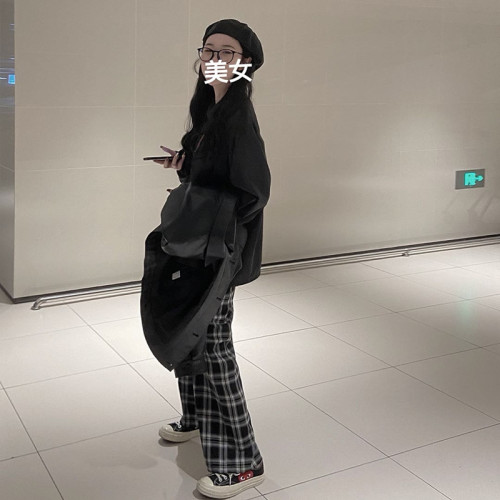 Black plaid sports casual pants for women, large size, loose, new style, high waist, simple drape, wide leg trousers, trendy
