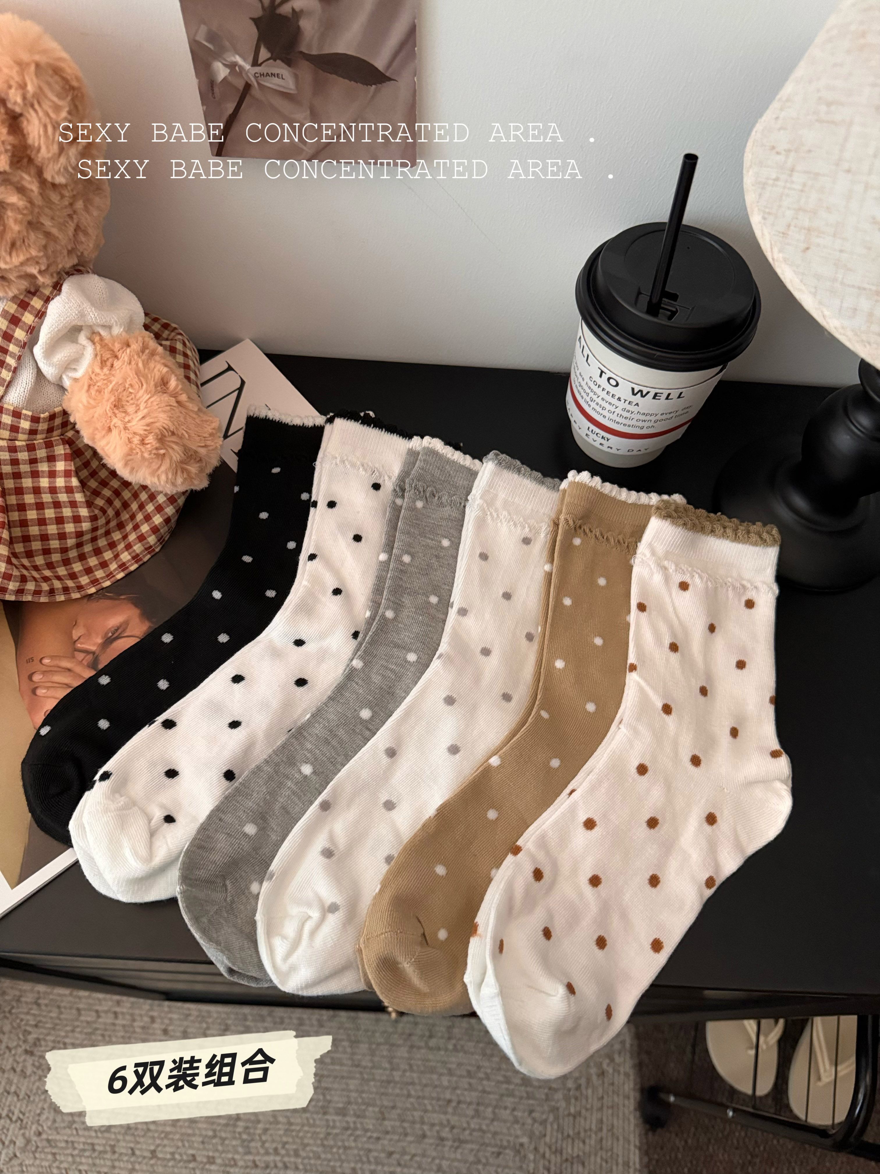 Actual shot of polka dot lace socks, women's mid-calf socks, autumn and winter pile socks, long socks, women's socks, pure cotton, 6 pairs