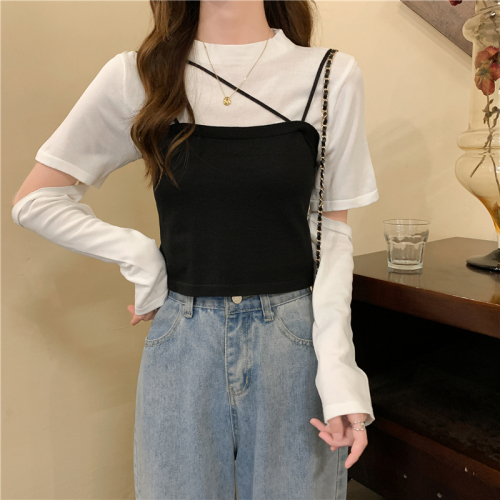 Air ins knitted two-piece set with irregular splicing suspenders long-sleeved knitted top