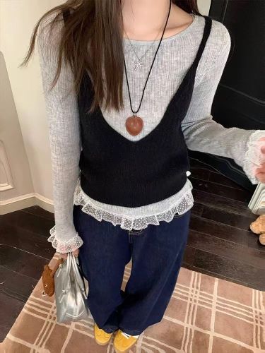 Non-shooted Pure Desire Girl Set Lace Edge Long Sleeve Knit Top Sweater Tank Top Two-Piece Set