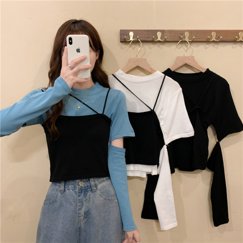 Air ins knitted two-piece set with irregular splicing suspenders long-sleeved knitted top