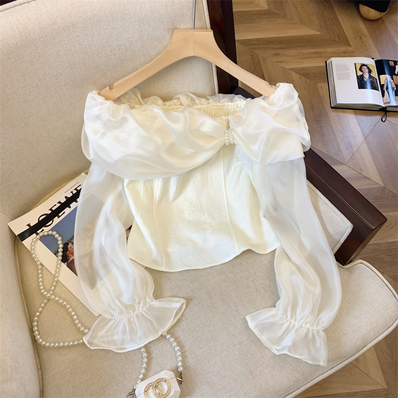 2024 French one-shoulder top, super fairy collarbone women, sweet, super fairy, chic, high-end chiffon top for women